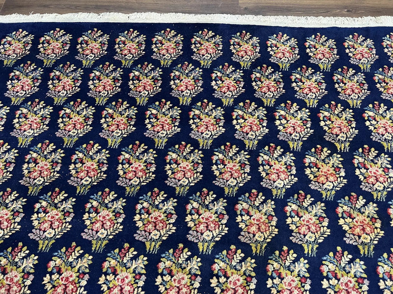 Persian Rug 9x12, Authentic Hand Knotted Carpet, Repeated Floral Motif Garden of Eden, Navy Blue Wool Rug 9 x 12, Semi Antique Kirman Rug by Jewel Rugs