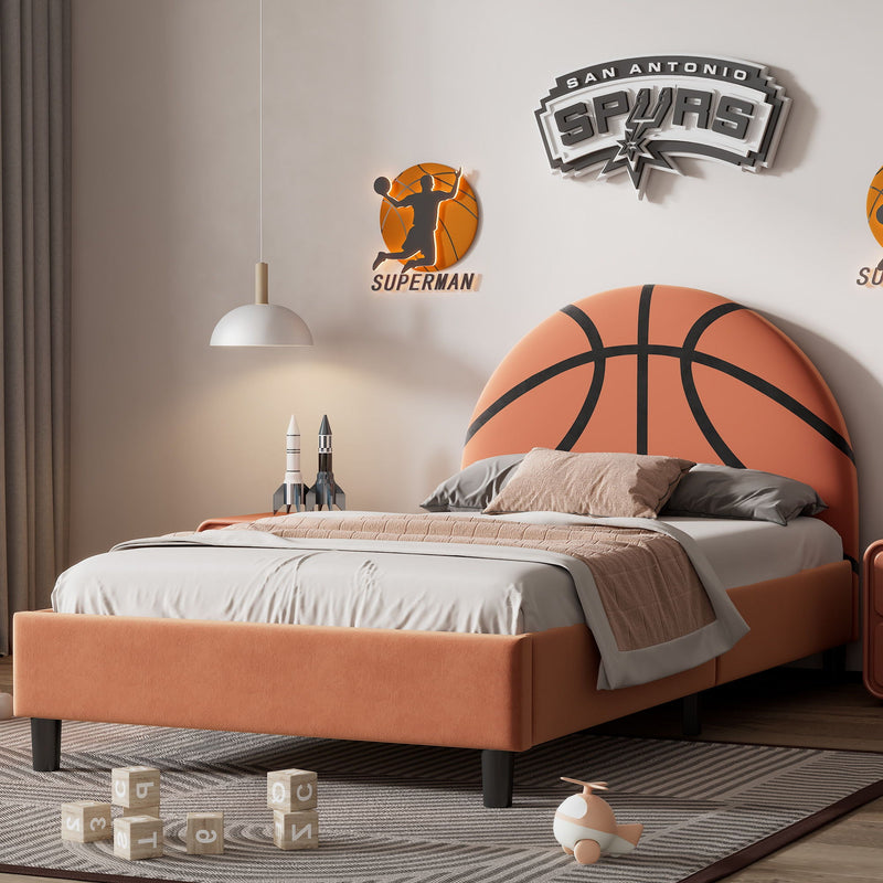 Basketball Design Upholstered Twin Platform Bed with Sport Style Headboard - Orange, photo 4 of 8