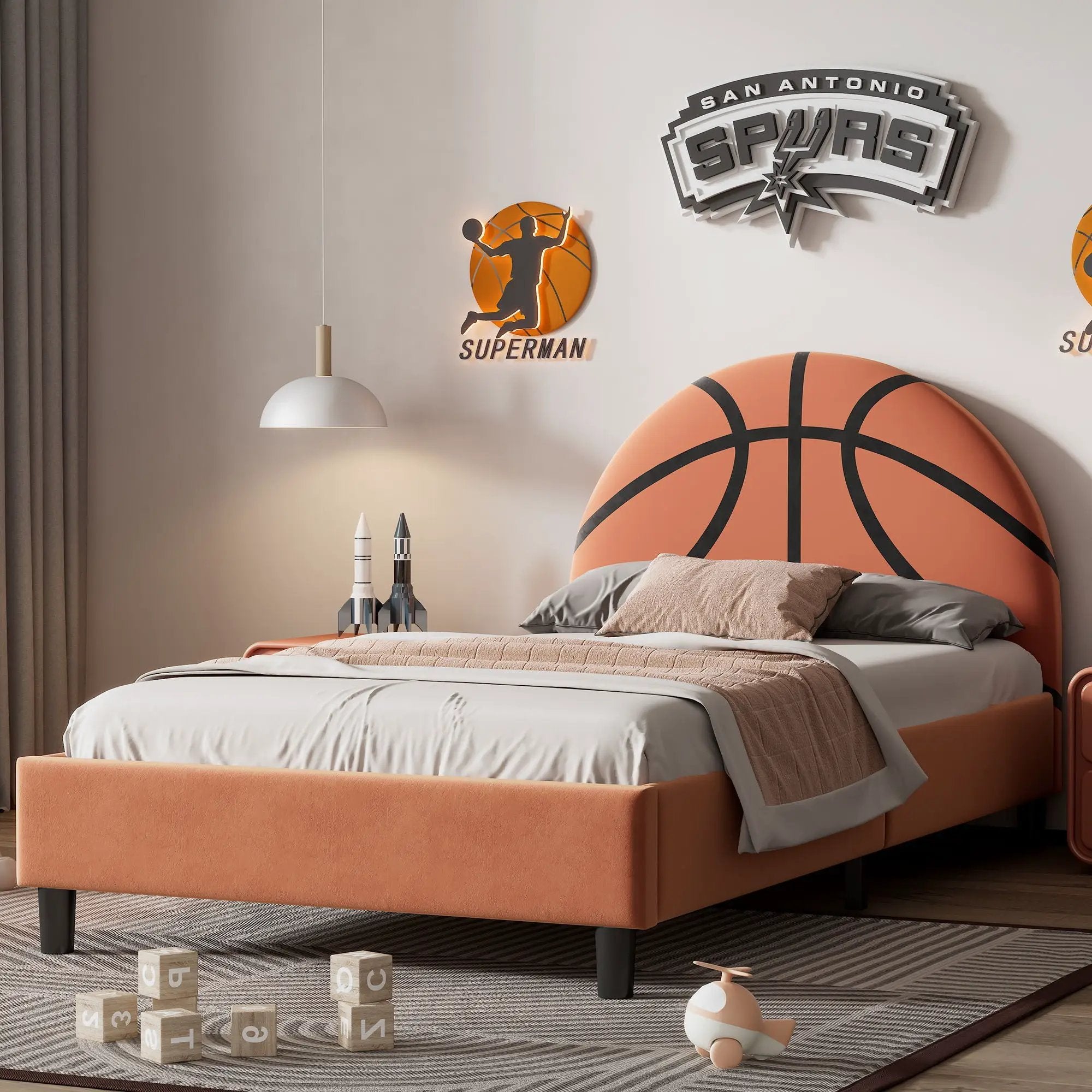 Basketball Design Upholstered Twin Platform Bed Sport Style Bed For Boys & Girls, Teens - Orange by HouseOfZazla