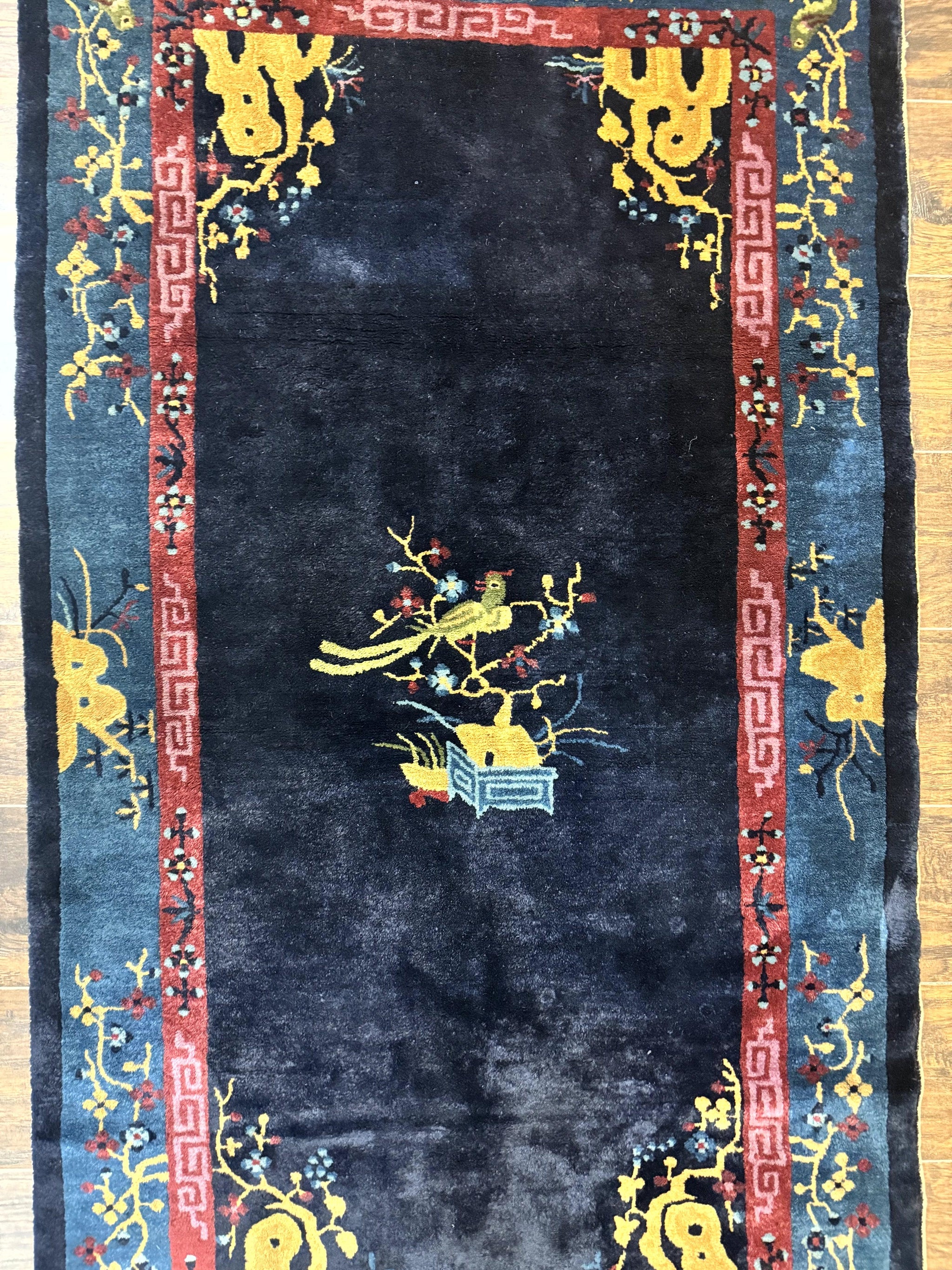 Antique Chinese Peking Rug 3x6, Dark Blue, Bird Motif, Handmade Wool Art Deco Asian Oriental Carpet, Pair B by Jewel Rugs