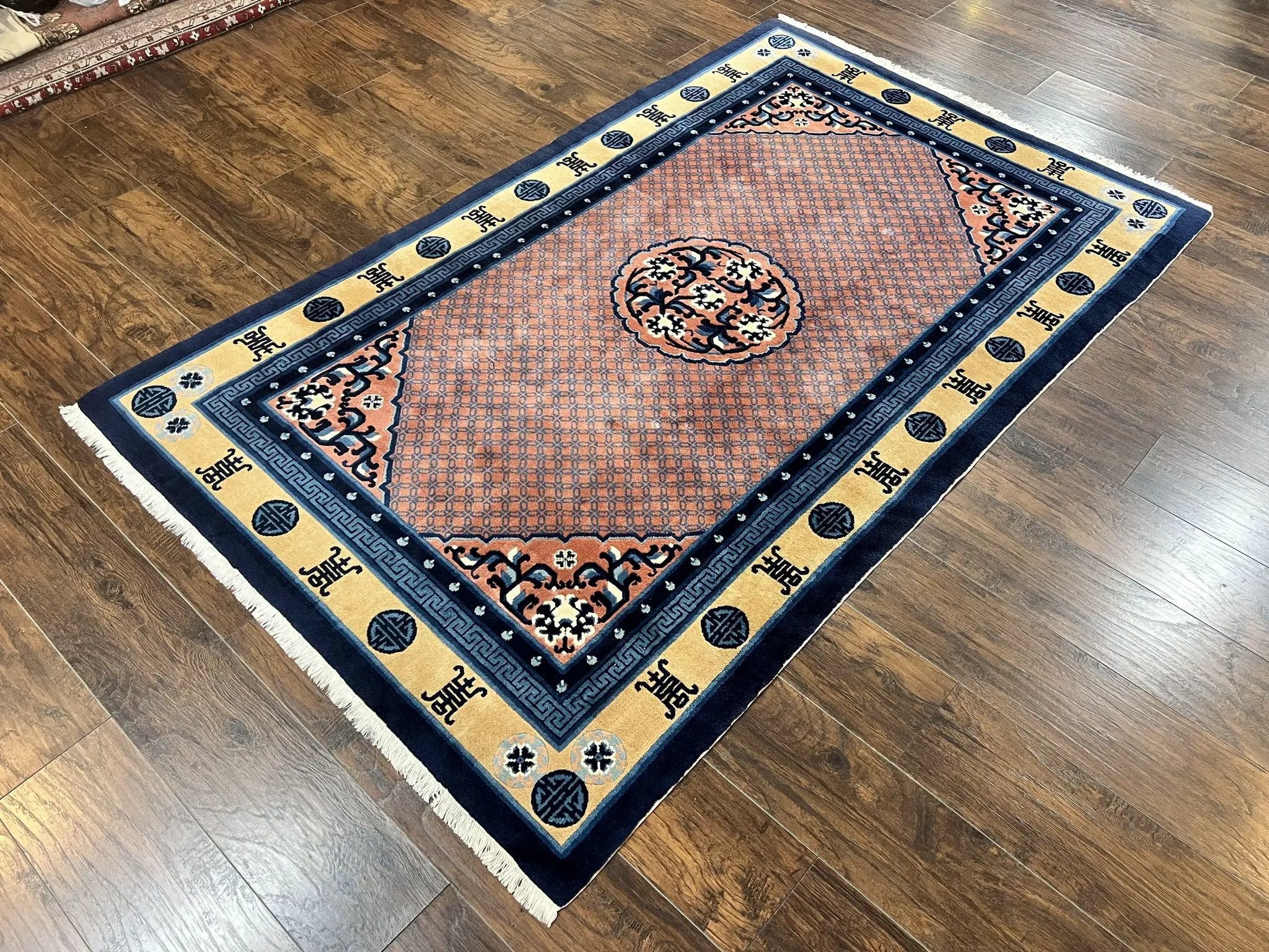 Chinese Peking Rug 5x8, Vintage Semi Antique Chinese Art Deco Carpet, Wool Pile Light Red/Salmon Gold Navy Blue, Handmade Asian Oriental Rug by Jewel Rugs