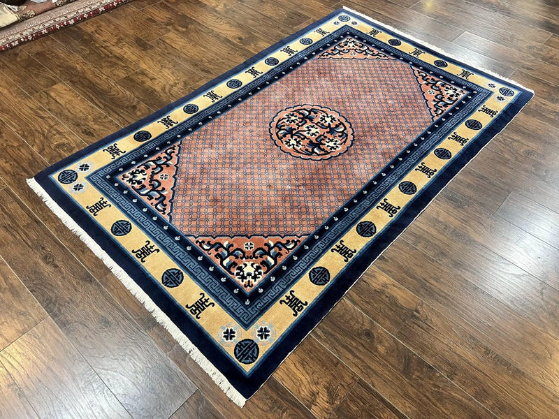 Chinese Peking Rug 5x8, Vintage Semi Antique Chinese Art Deco Carpet, Wool Pile Light Red/Salmon Gold Navy Blue, Handmade Asian Oriental Rug by Jewel Rugs