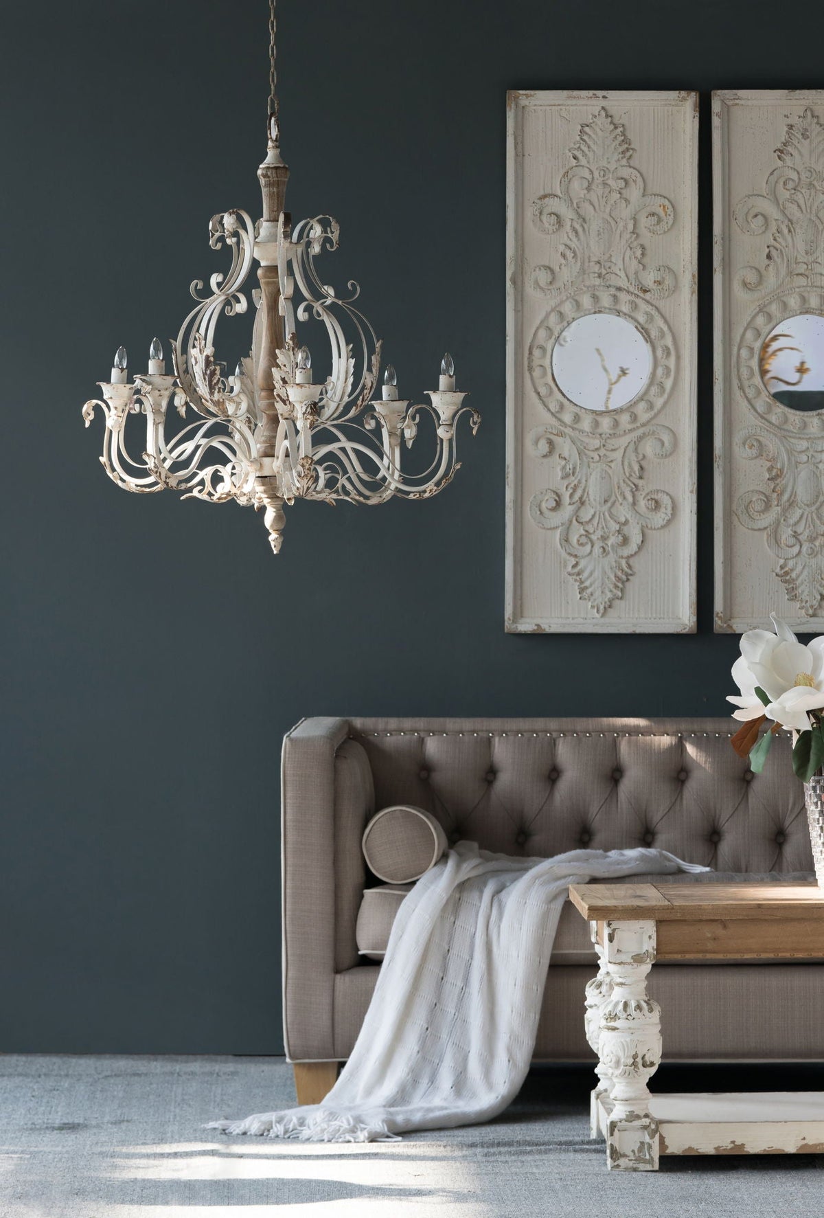 Large Wooden Wall Art Panels with Distressed Round Mirror Accents - White, photo 4 of 12