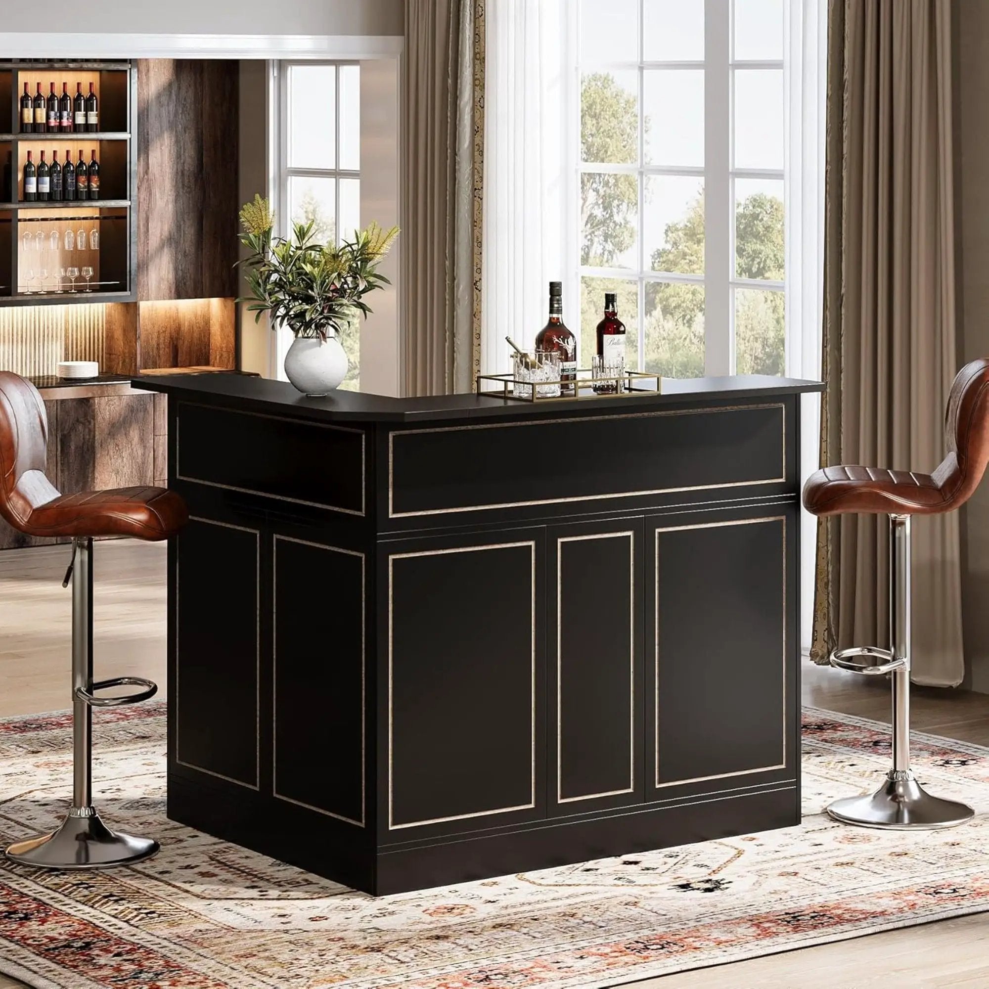 L-Shaped Home Bar Cabinet With Stemware Racks, 4 Tier Corner Unit, Liquor Wine Bar Table & Reception Desk For Home Pub - Black by HouseOfZazla