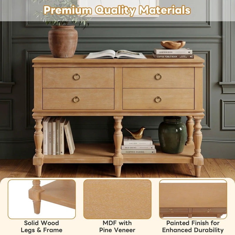 Console Table With 4 Soft Close Drawers, Thick Bottom Shelf For Living Room - Natural by HouseOfZazla