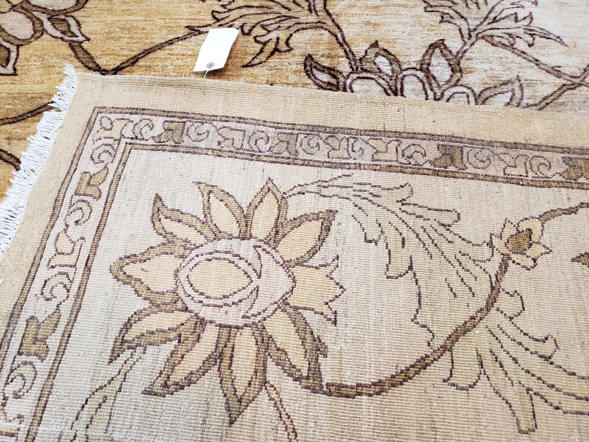 Oversized Peshawar Chobi Oushak Area Rug 11.6 x 12.5, Wool Hand-Knotted Light Gold & Ivory Decorative Pakistani Floral Carpet, 11x12 - 12x13 by Jewel Rugs