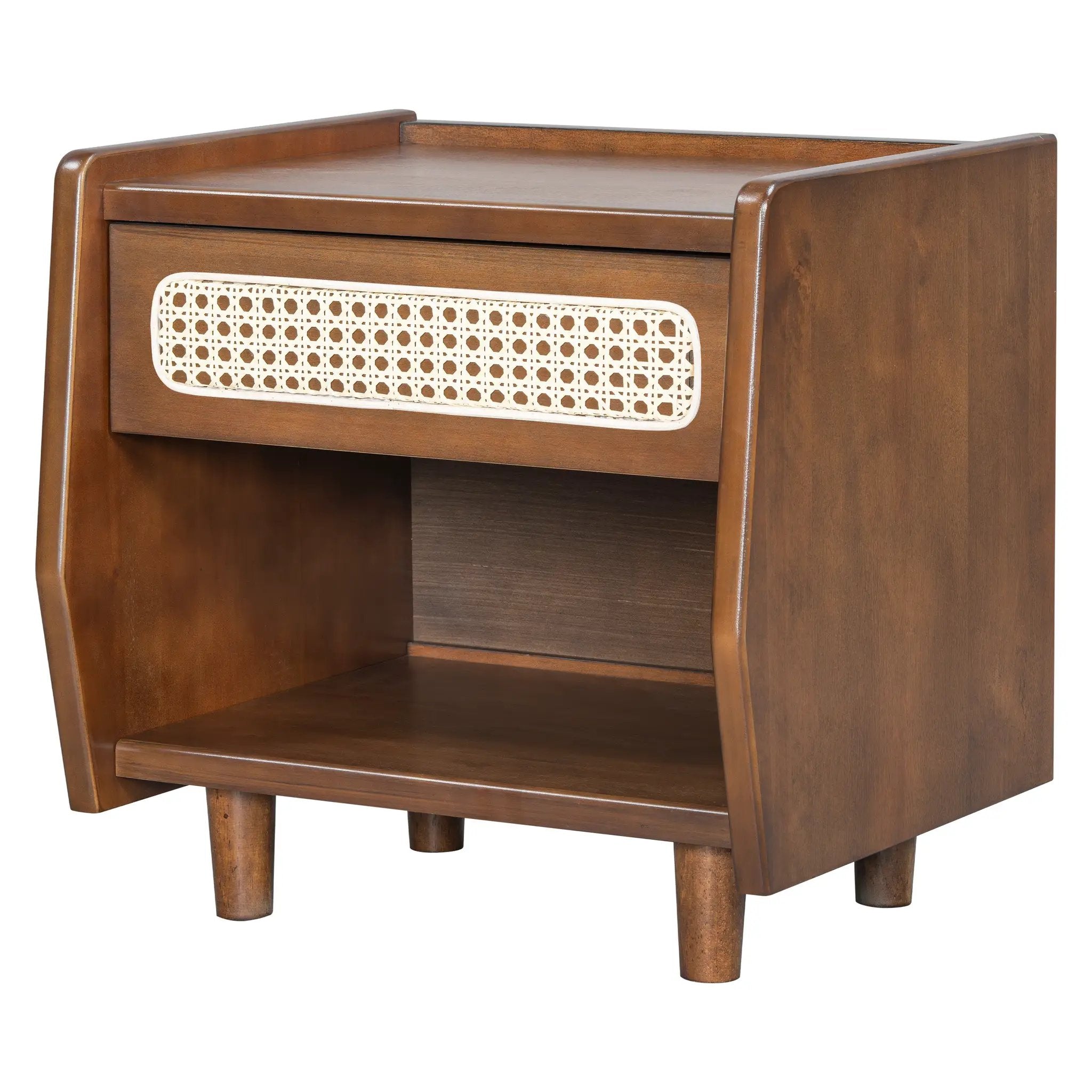 Walnut Nightstand with Rattan Detail, MDF + Solid Wood by HouseOfZazla