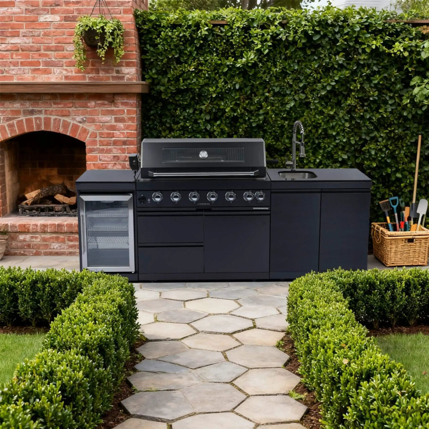 Castelle Flame Belmont 43-Inch 6-Burner 85K BTU Stainless Steel Outdoor BBQ Kitchen Grill Island With Wine Cooler, Rotisserie, And Sink (SAK19476) by SAKSBY WHOLESALE