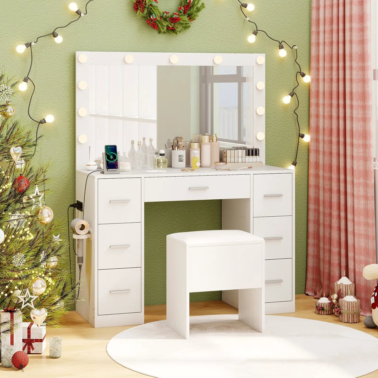 43.5-Inche Vanity Desk with Mirror and Lights for Bedroom-White by DirectDeals