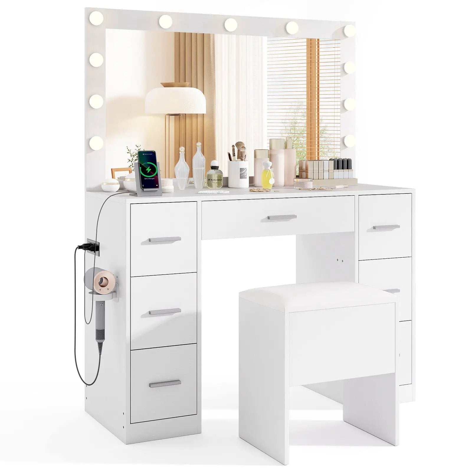 43.5-Inche Vanity Desk with Mirror and Lights for Bedroom-White by DirectDeals