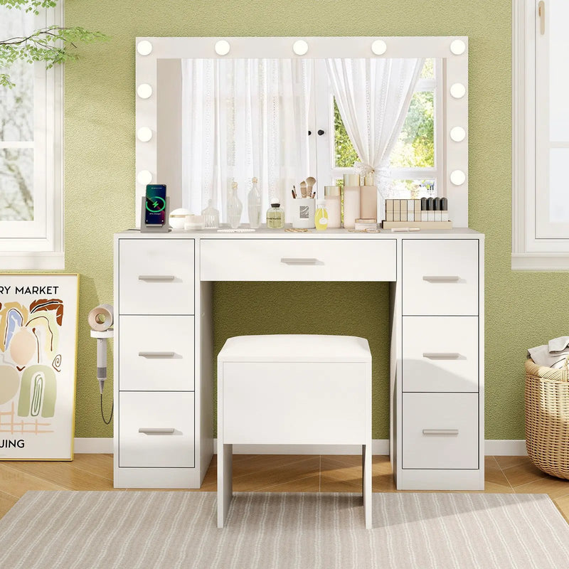 43.5-Inche Vanity Desk with Mirror and Lights for Bedroom-White by DirectDeals