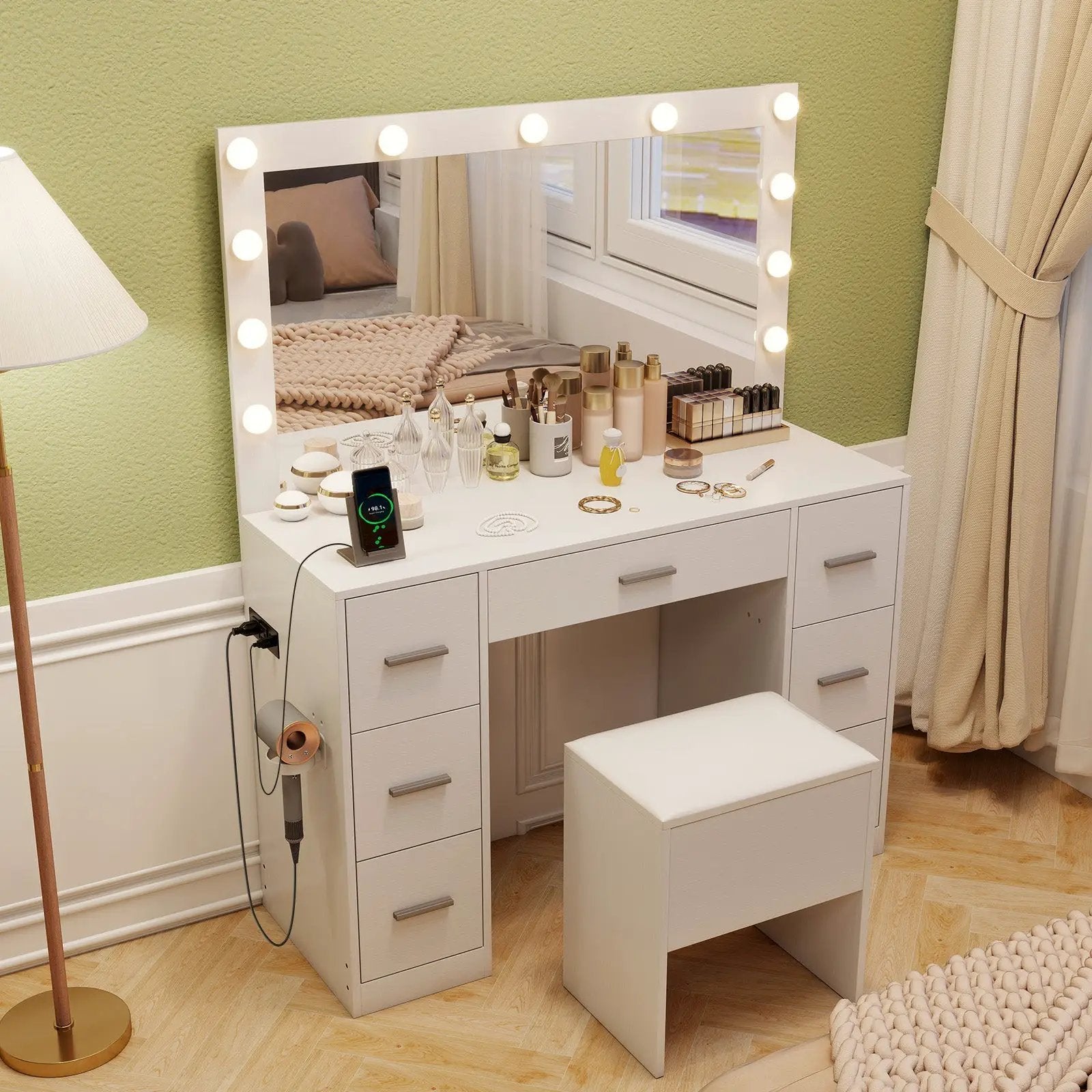 43.5-Inche Vanity Desk with Mirror and Lights for Bedroom-White by DirectDeals