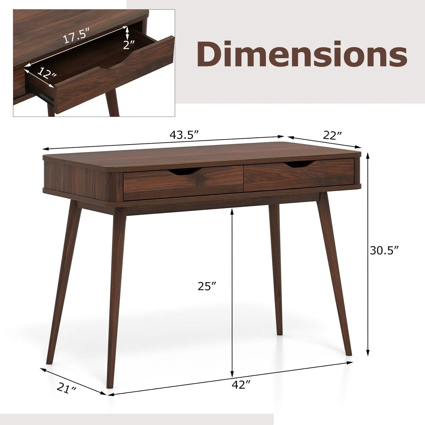 43.5 Inch Computer Desk with 2 Drawers for Small Spaces by DirectDeals