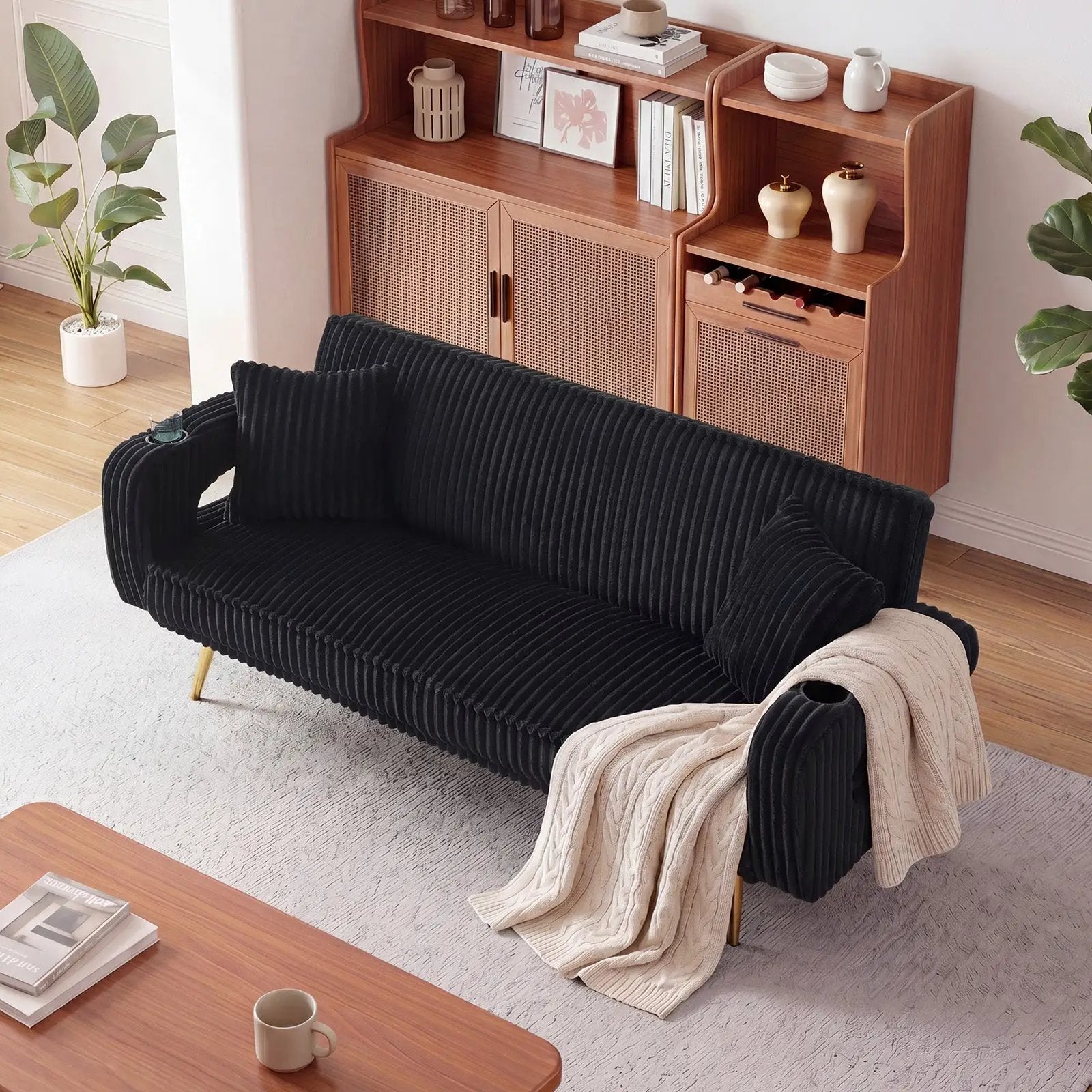74.01 Inch Corduroy Sofa Bed with Pillows by HouseOfZazla