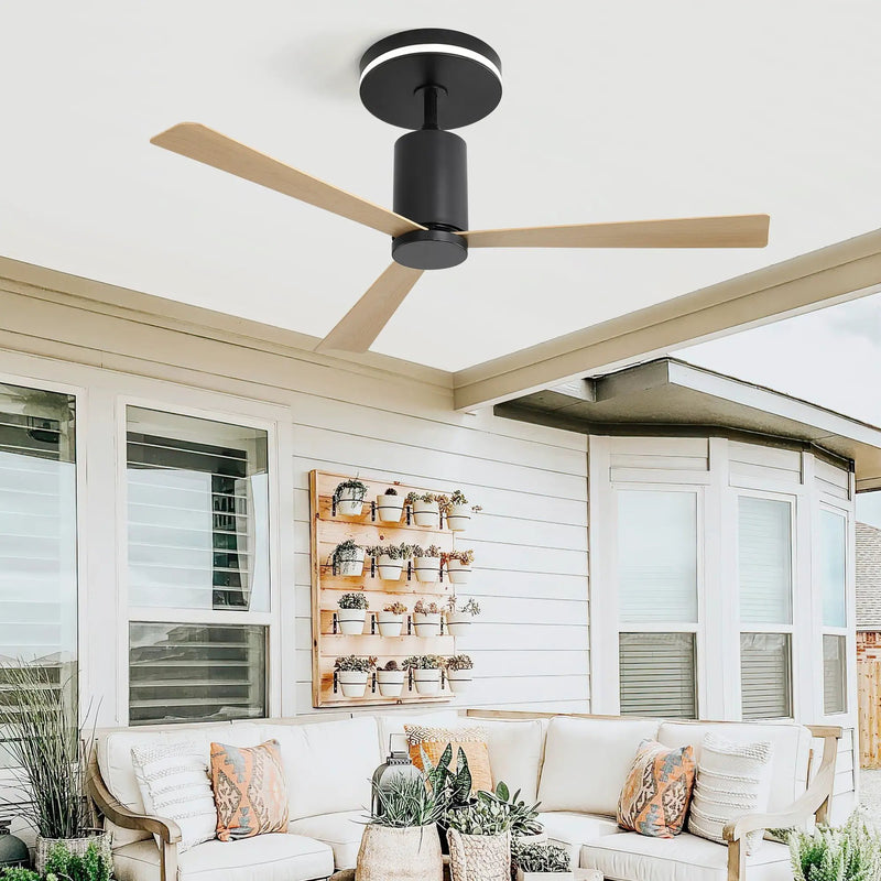 Modern Flush Mount Ceiling Fan With Led Light And Remote Control, 3 ABS Blades Noiseless Reversible Dc Motor For Patio Living Room - Matte Black by HouseOfZazla