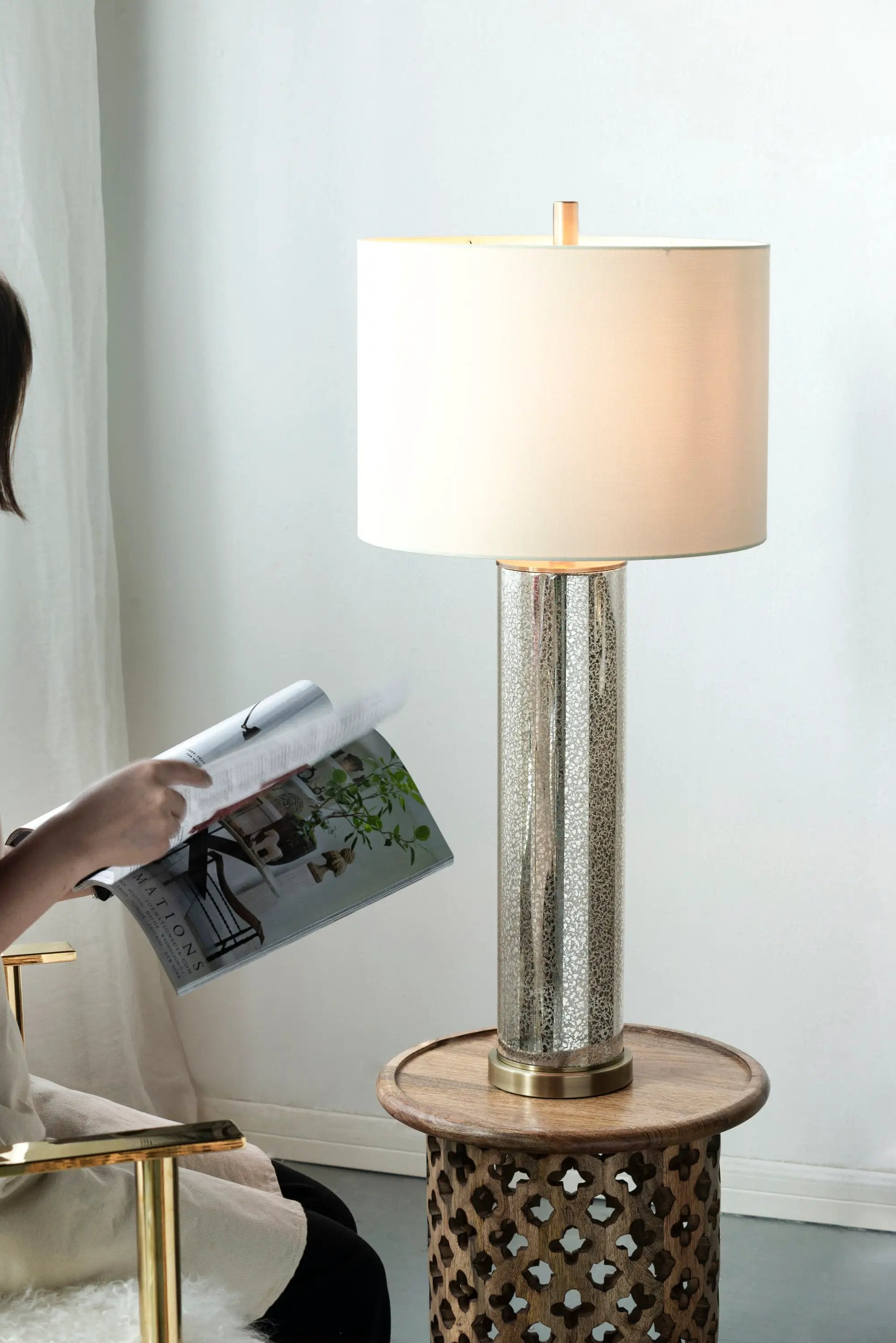 16x16x35 Gold Mirrored Glass Table Lamp with White Fabric Shade by HouseOfZazla