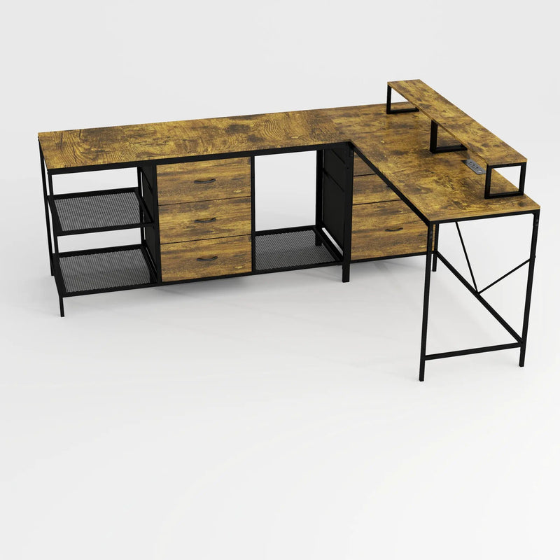 Industrial L Shaped Computer Desk With Power Outlets & USB-C, 6 Fabric Drawers, 3 Open Shelves, Movable Monitor Stands - Brown by Unique Piece Furniture