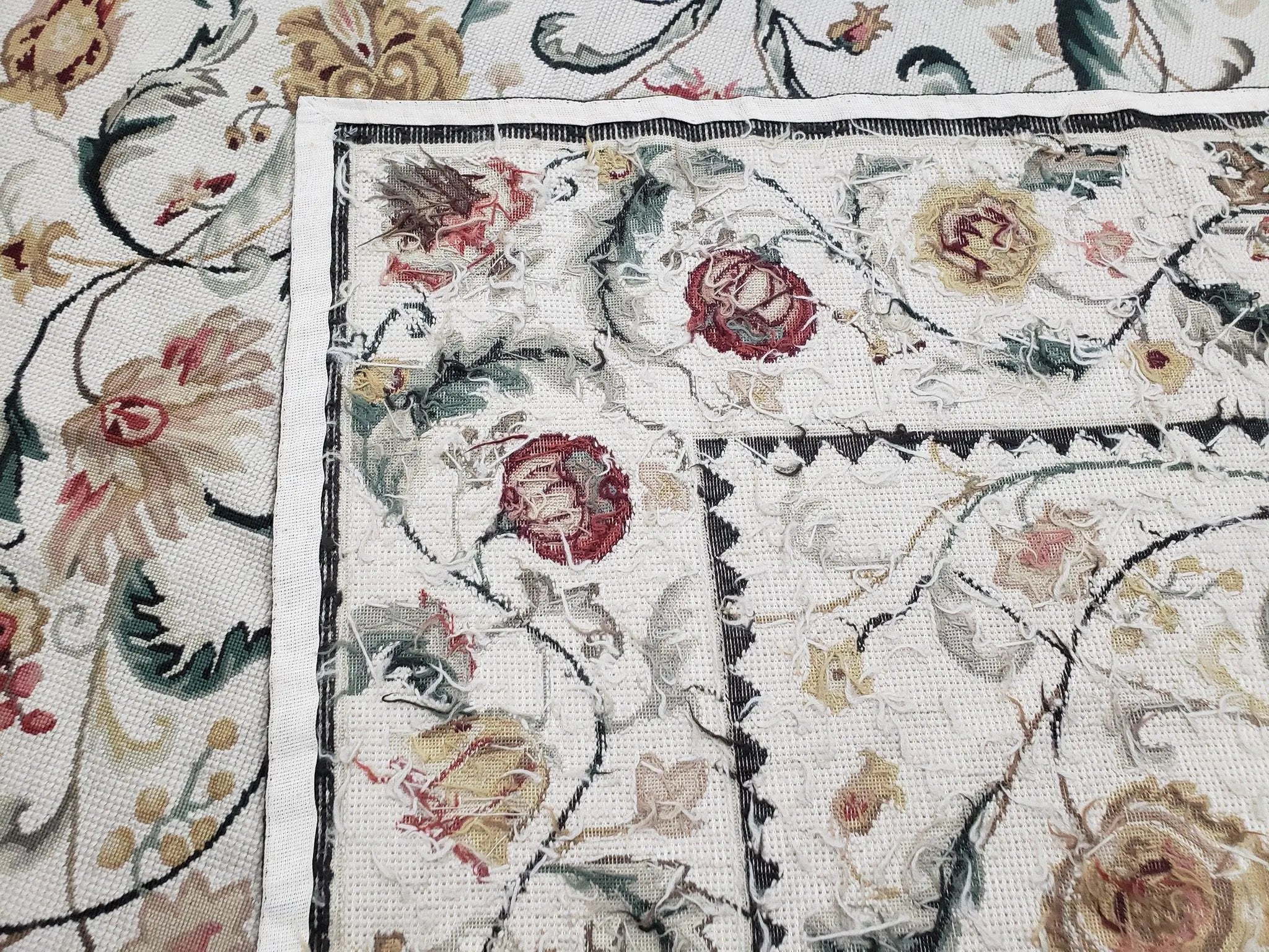 New Needlepoint Rug 9x12, Hand Woven Wool Area Rug, Flatweave Carpet, Handmade Chinese Needlepoint, Floral European Design, Ivory Background by Jewel Rugs