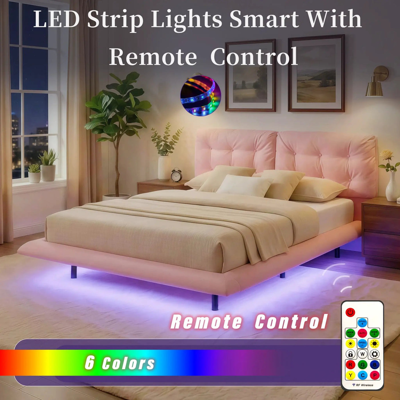 Queen Size Upholstered Floating Bed Frame with LED Lights by HouseOfZazla