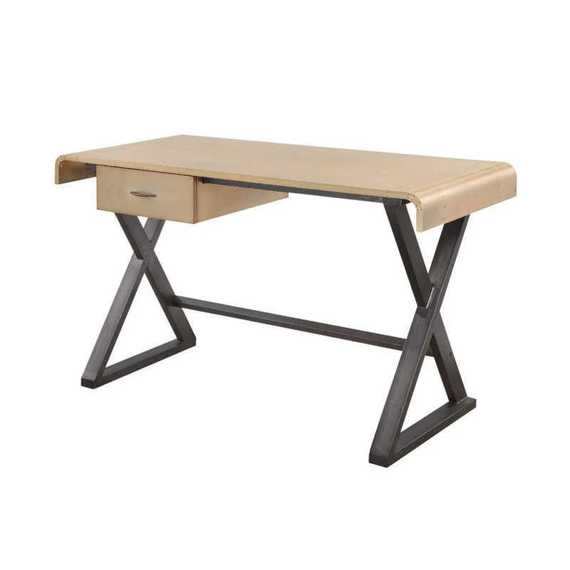 Danton - Aluminum Top Grain Leather Rectangular Writing Desk - Gold by HouseOfZazla