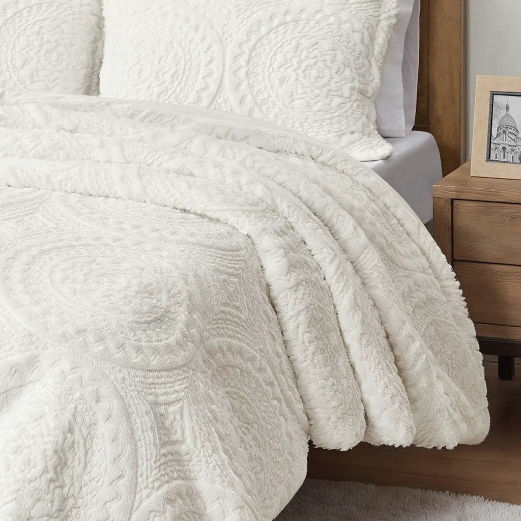 Full/Queen Embroidered Medallion Faux Fur Ultra Plush Comforter Mini Set by HouseOfZazla