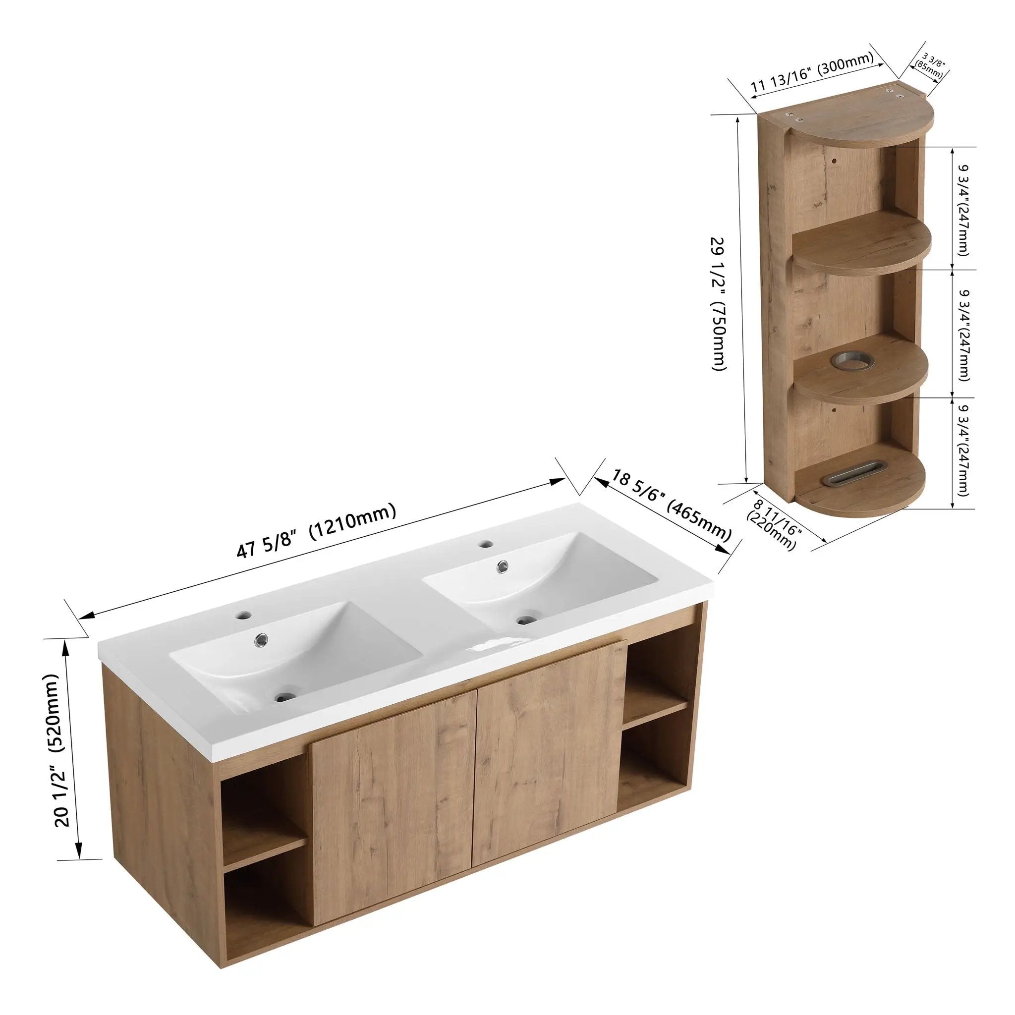 Modern 48" Wall Mounted Bathroom Vanity With Double Resin Sink And Storage Rack Soft Close Doors - Imitative Oak by HouseOfZazla