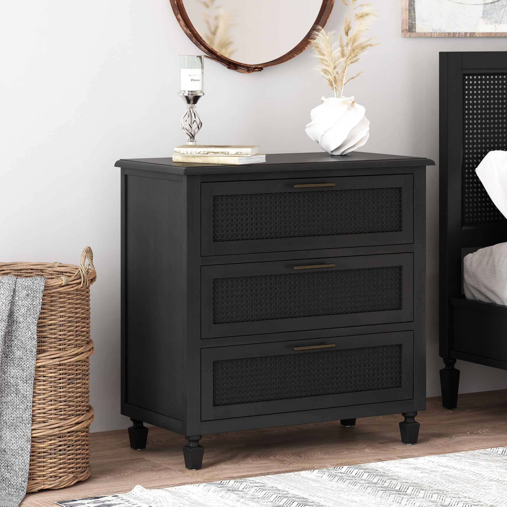 Newell Cane 3 Drawer Dresser - Dark Gray by HouseOfZazla
