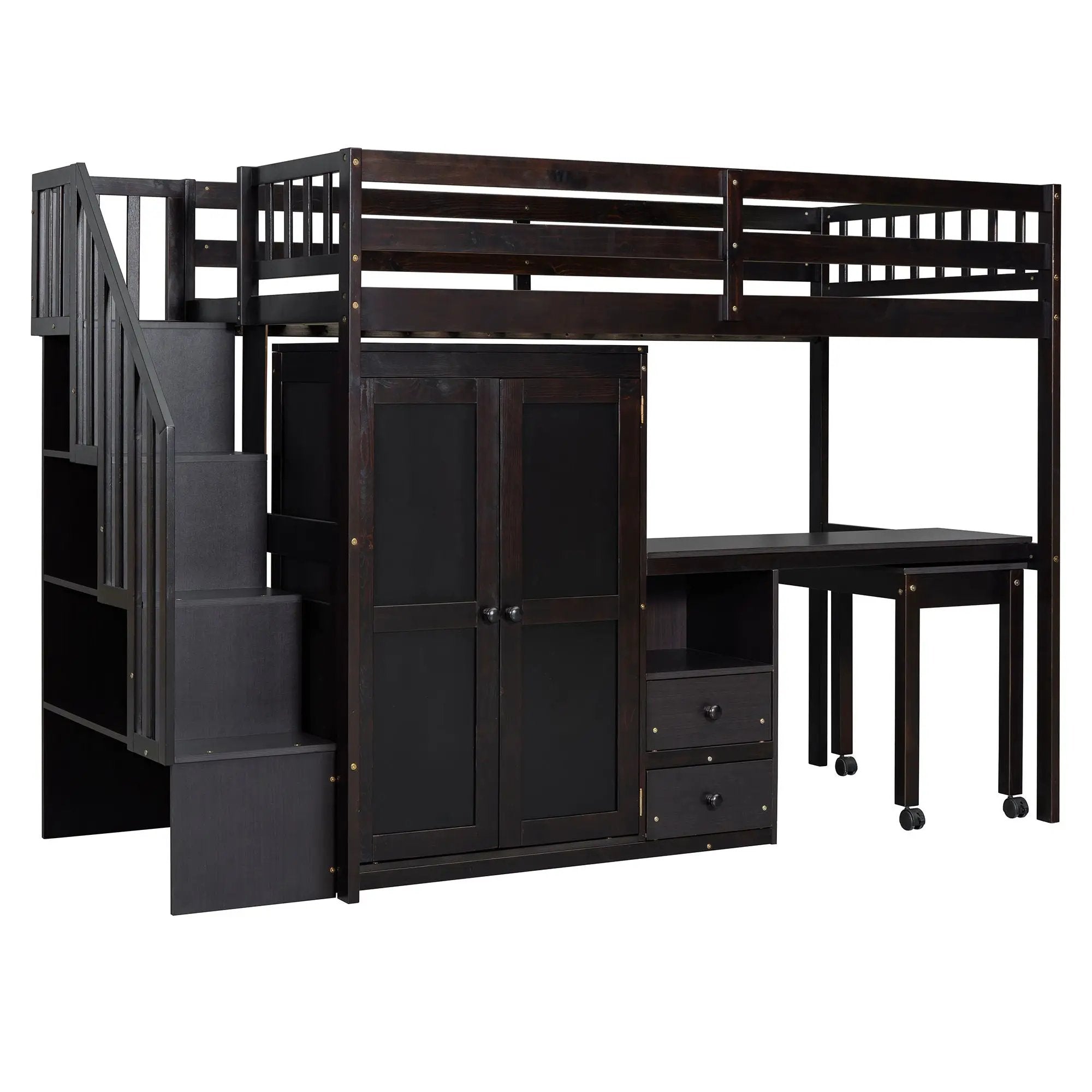 Loft Bed With Stairs, Bookshelf, Drawers, Desk & Wardrobe, Space Saving Multifunctional Furniture by HouseOfZazla