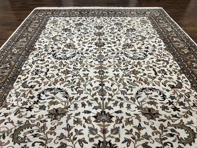 Indo Kirman Rug 8x12 Allover Floral Design, Ivory/Cream Brown, Vintage Handmade Hand Knotted Rug, Traditional Wool Persian Carpet 8 x 12 by Jewel Rugs