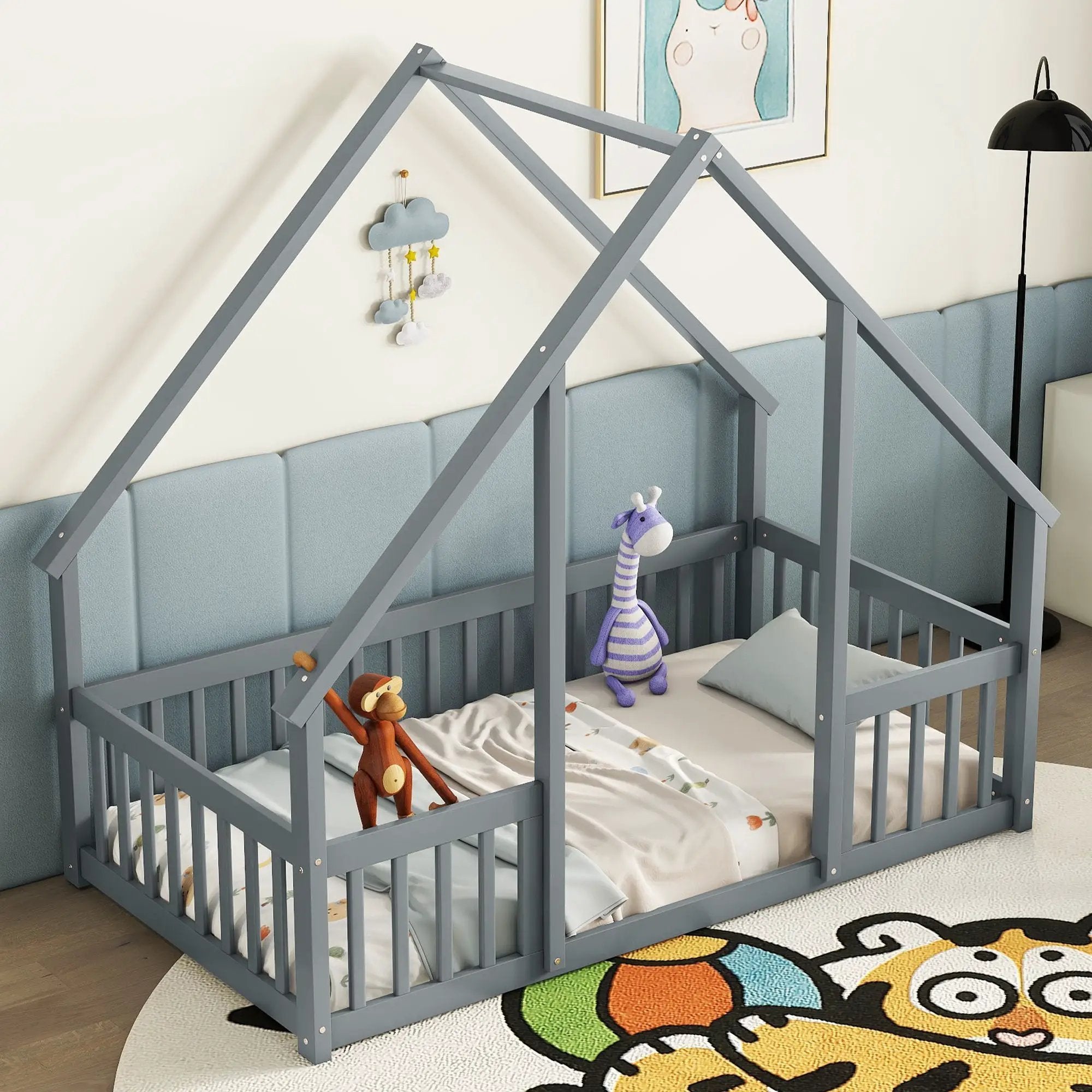 Wood House-Shaped Floor Bed With Fence, Guardrails by Unique Piece Furniture