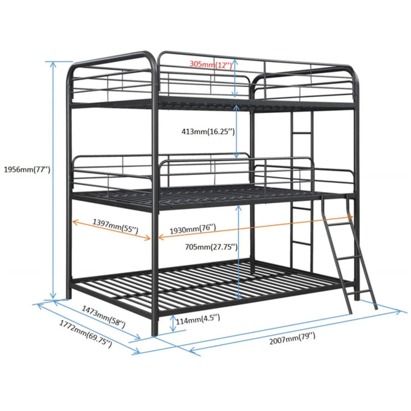 Triple Bunk Bed, Full Size With Sturdy Metal Frame And Safe Stairs - Black by HouseOfZazla