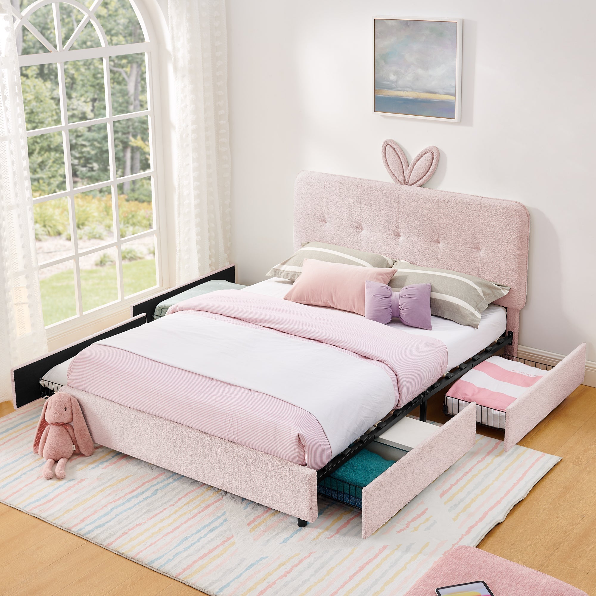 Queen Size Kids Upholstered Bed with Rabbit Ear Headboard & Storage by HouseOfZazla