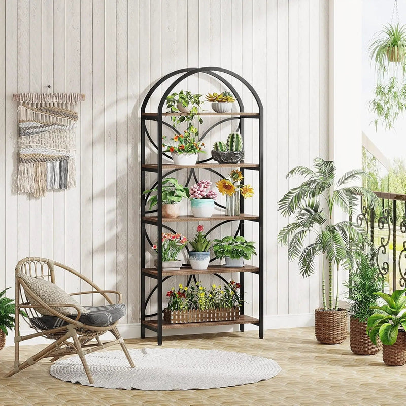 Tall 5 Tier Arched Bookshelf With Shelves For Living Room - Rustic Brown by HouseOfZazla