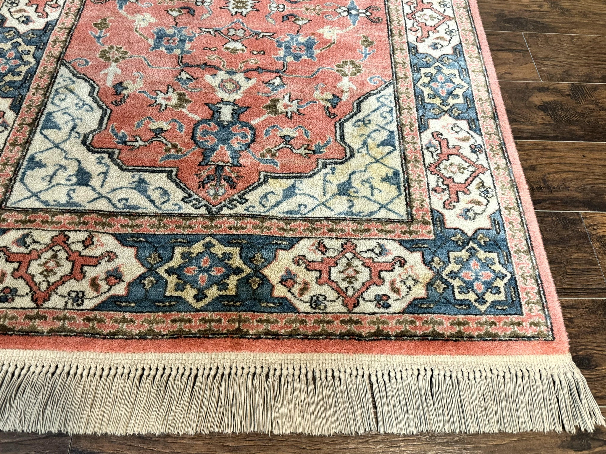 Karastan Rug 4x6 Bergama Design #737, Karastan Area Rug, Vintage Wool Karastan Carpet, Original Collection 700 Series, Salmon Red Light Blue by Jewel Rugs