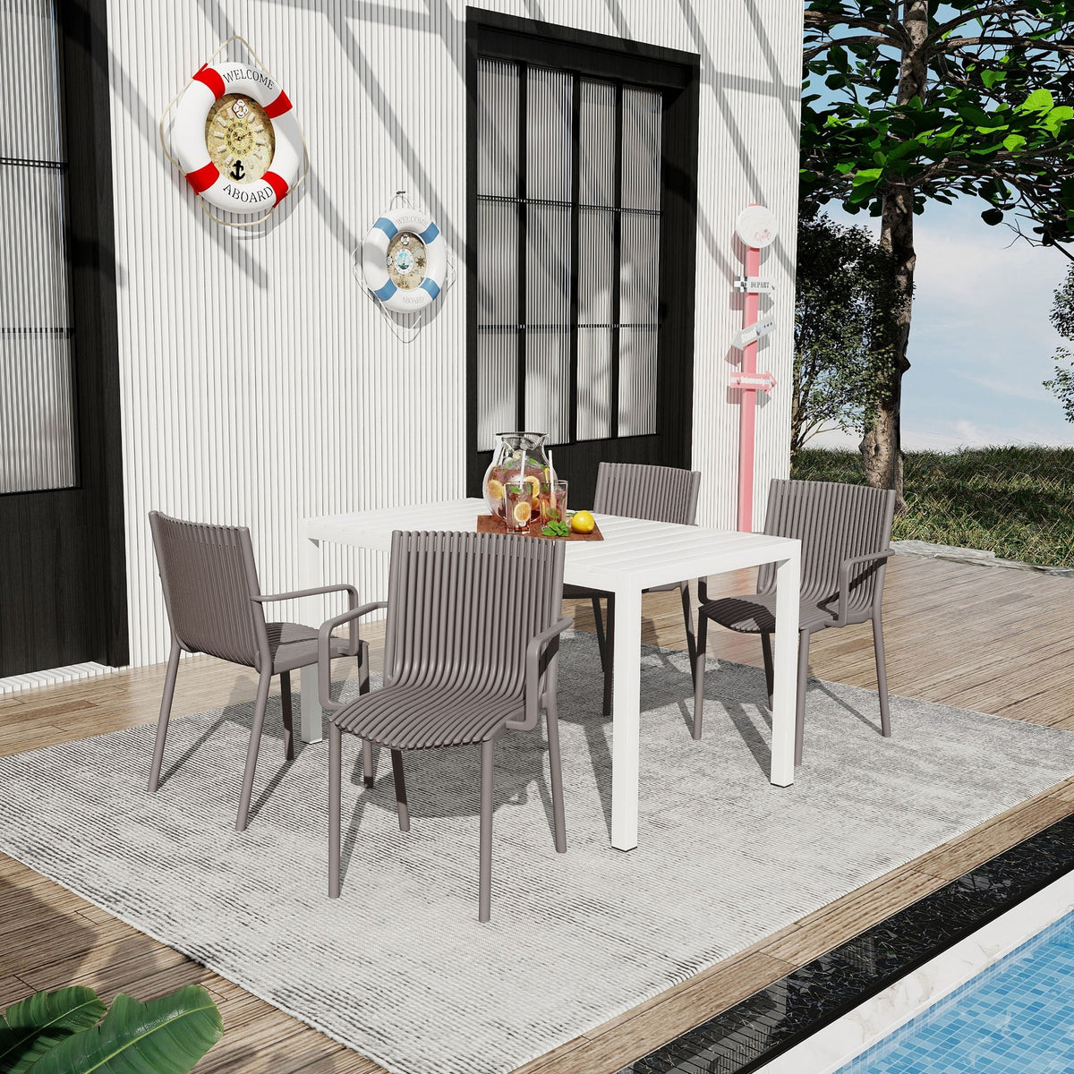 Modern Stackable Armchair Outdoor Dining Set with Long Table - Light Blue or Dark Gray, photo 3 of 8