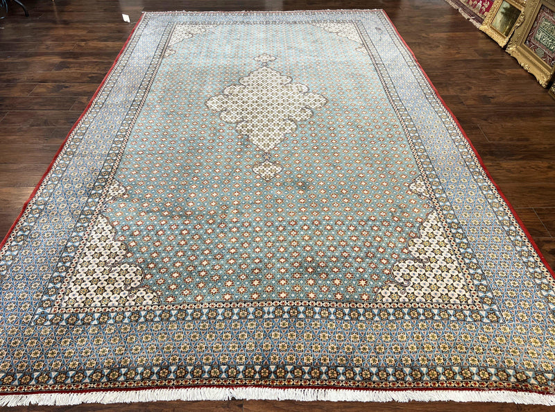 Rare Persian Rug 8x12, Qum Rug, Repeated Star Motifs, Blue and Ivory, Fine 300 KPSI, Hand Knotted Handmade Vintage Wool Rug by Jewel Rugs