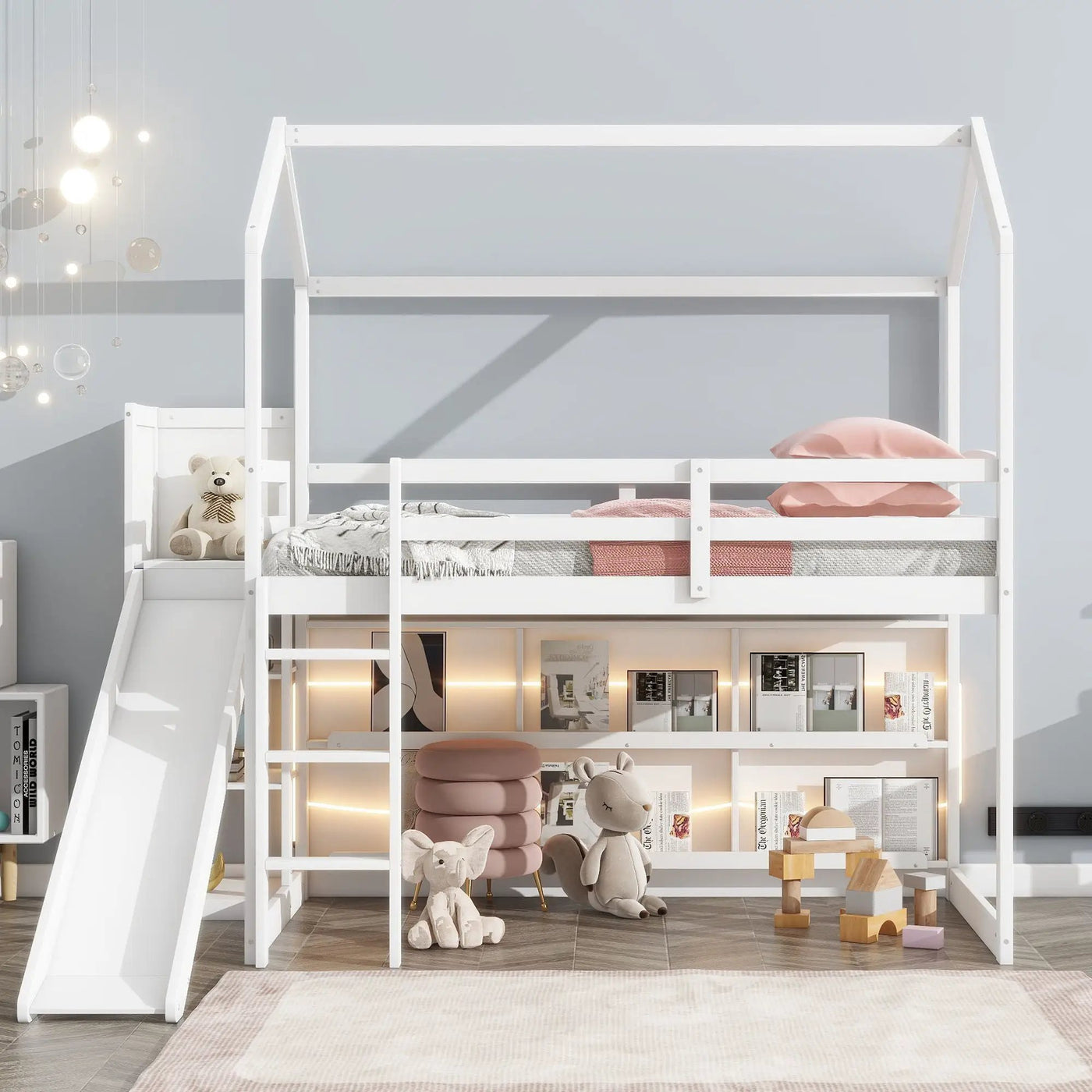 House Loft Bed With Slide, Storage Shelves And Light, Climbing Ramp by HouseOfZazla