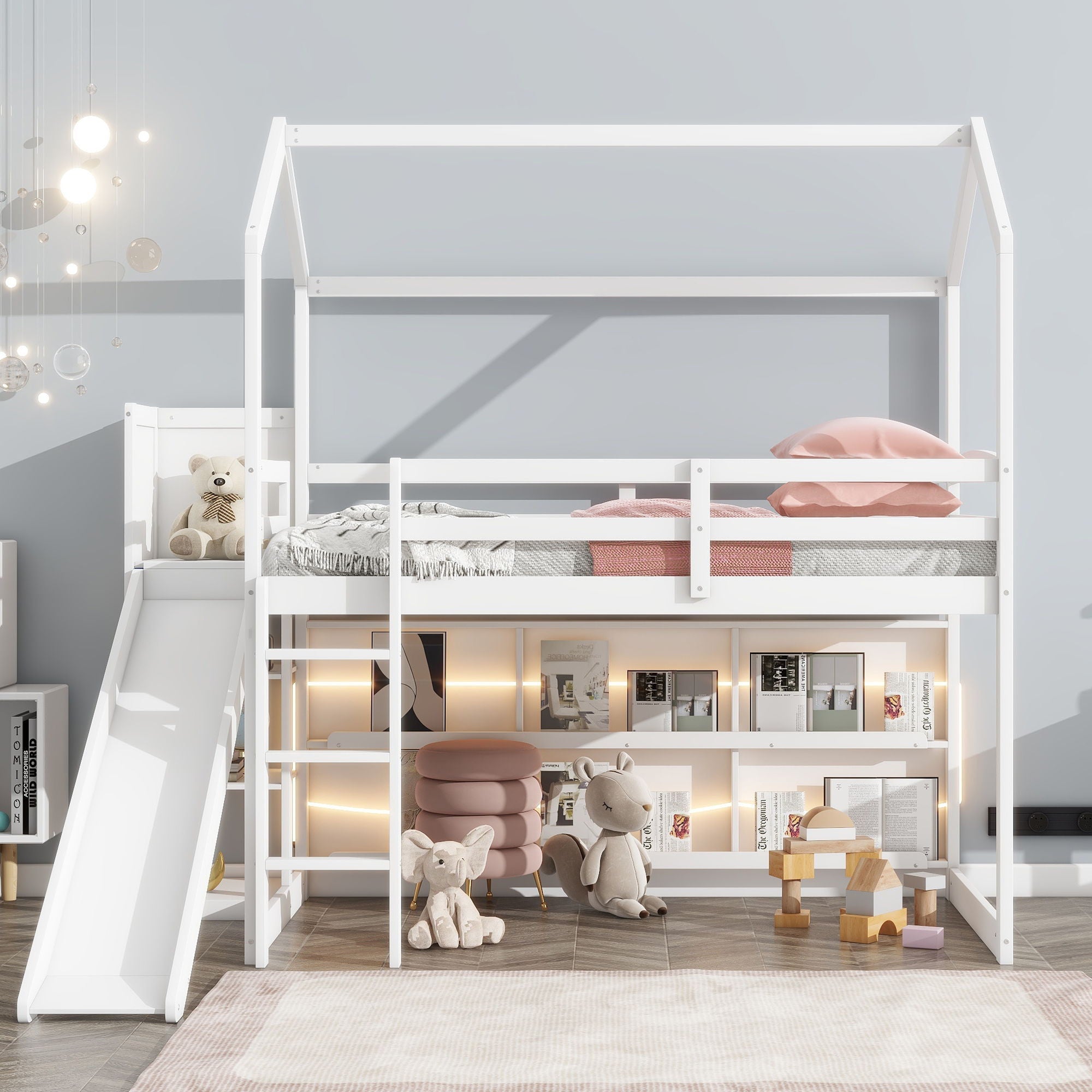House Loft Bed With Slide, Storage Shelves And Light, Climbing Ramp by Unique Piece Furniture