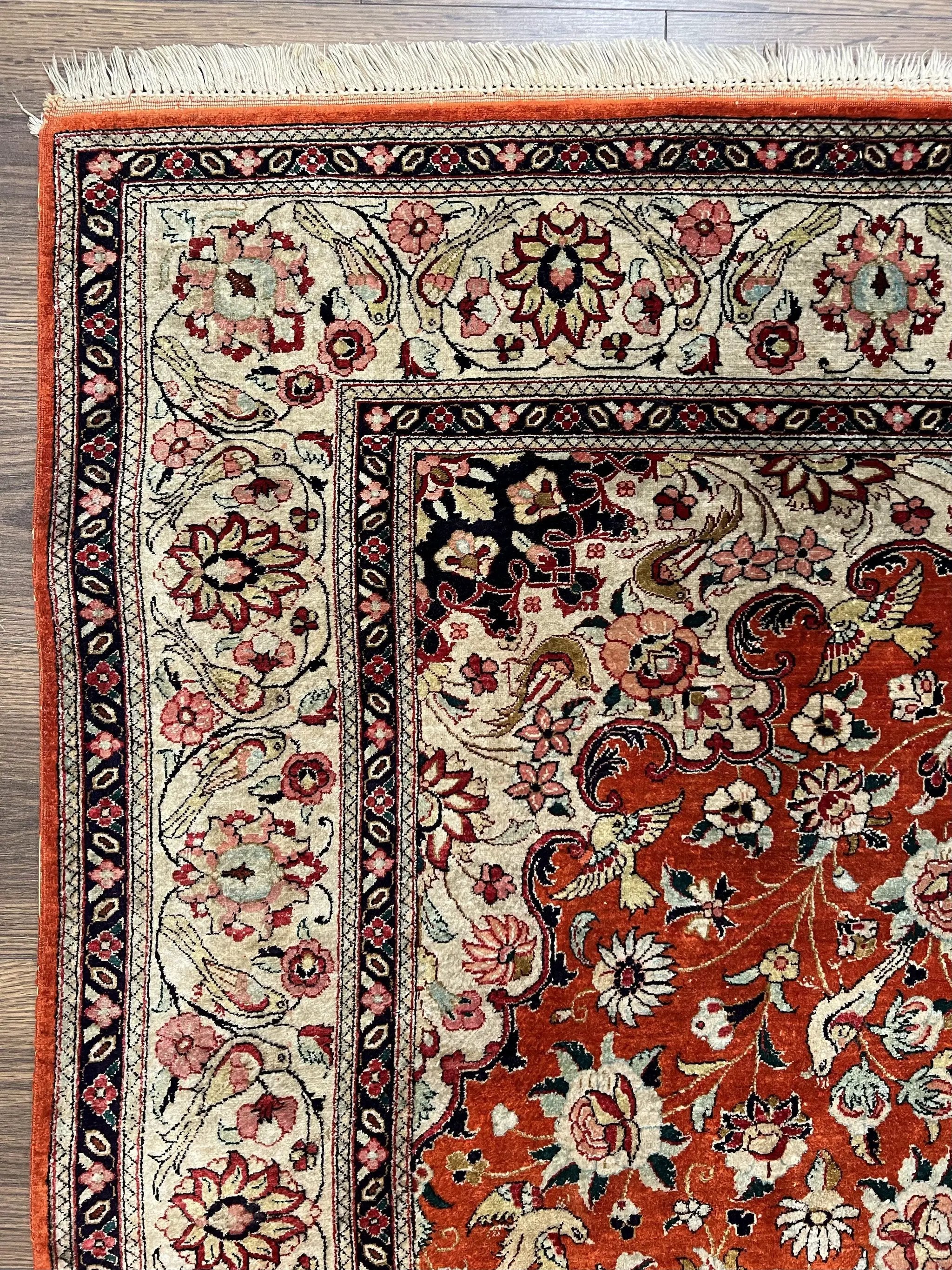 Persian Qum Silk Rug 5x7 - Floral Medallion, Birds, Orange-Red by Jewel Rugs
