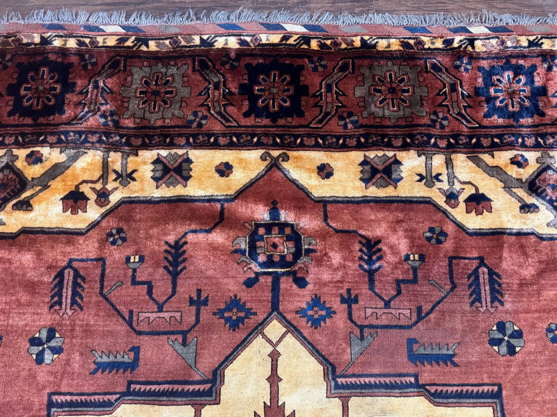 Afghan Heriz Rug 9x12, Tribal Geometric Serapi Carpet, Rust Cream and Navy, Wool on Wool by Jewel Rugs