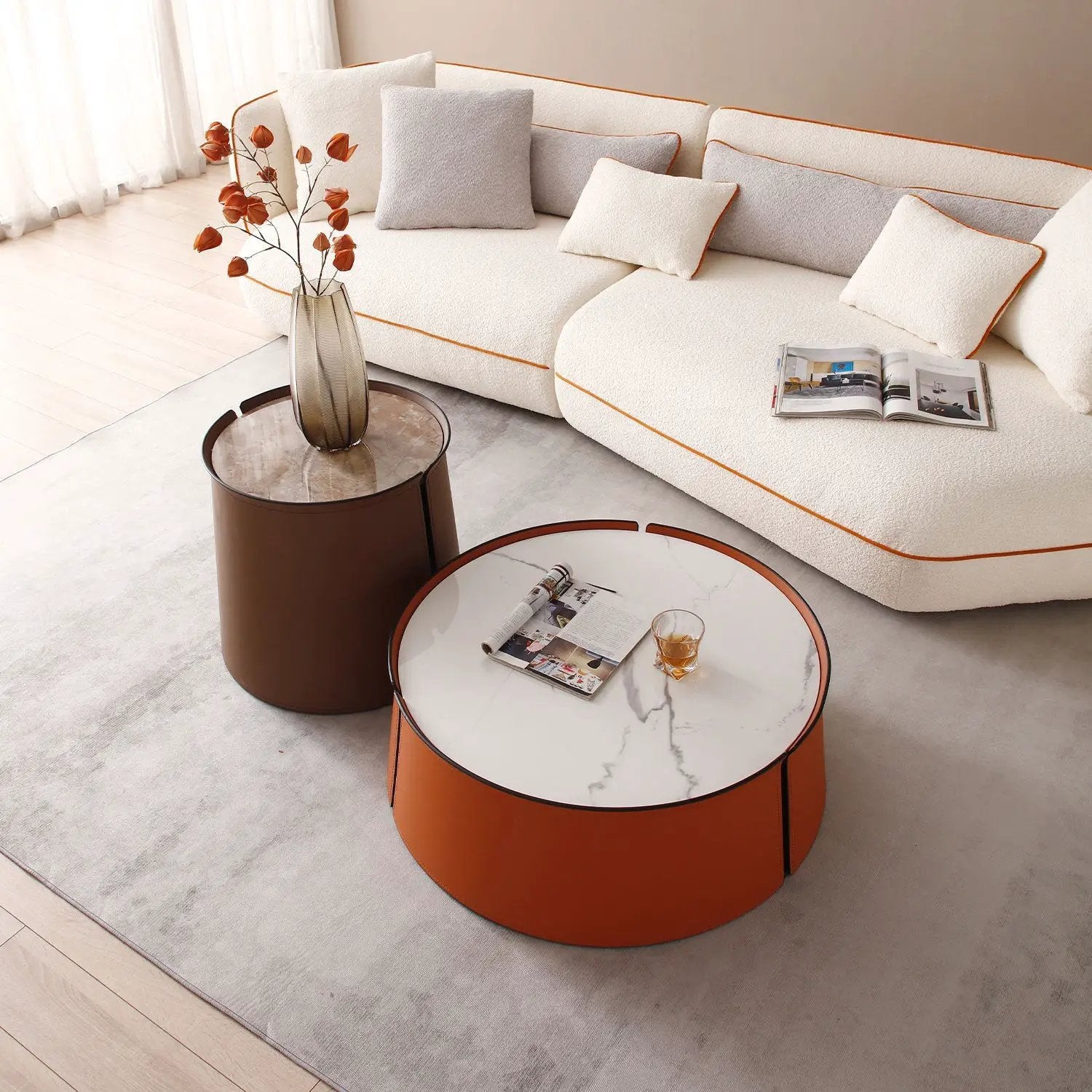 31.5" Coffee Table, Marble Top and Orange Saddle Leather Body by BLAKHOM