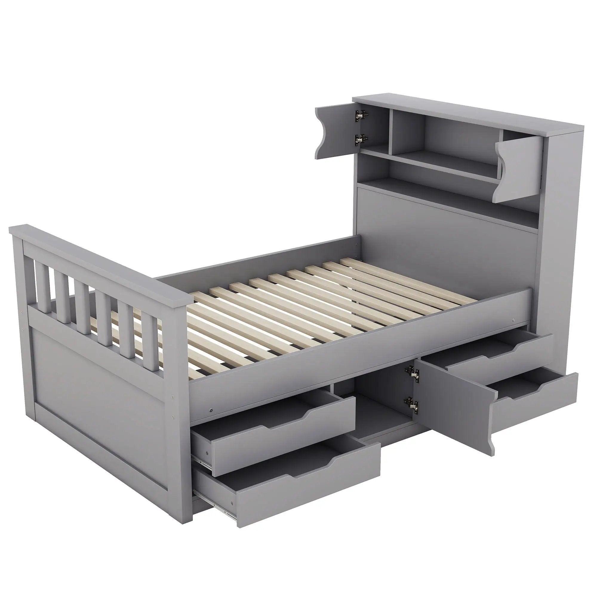 Captain Platform Bed Frame With Storage Bookcases, Shelves, And 4 Drawers