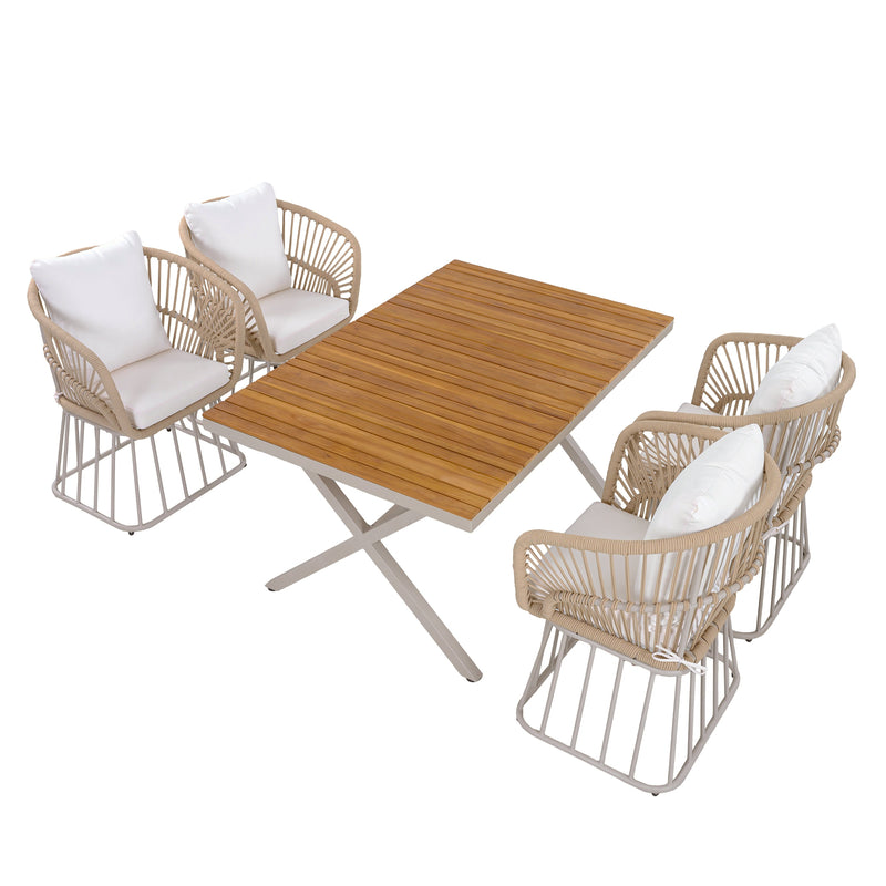 Outdoor 5-Piece Dining Set - Rectangular Teak Wood Table + 4 Wicker Chairs with Cushions by HouseOfZazla