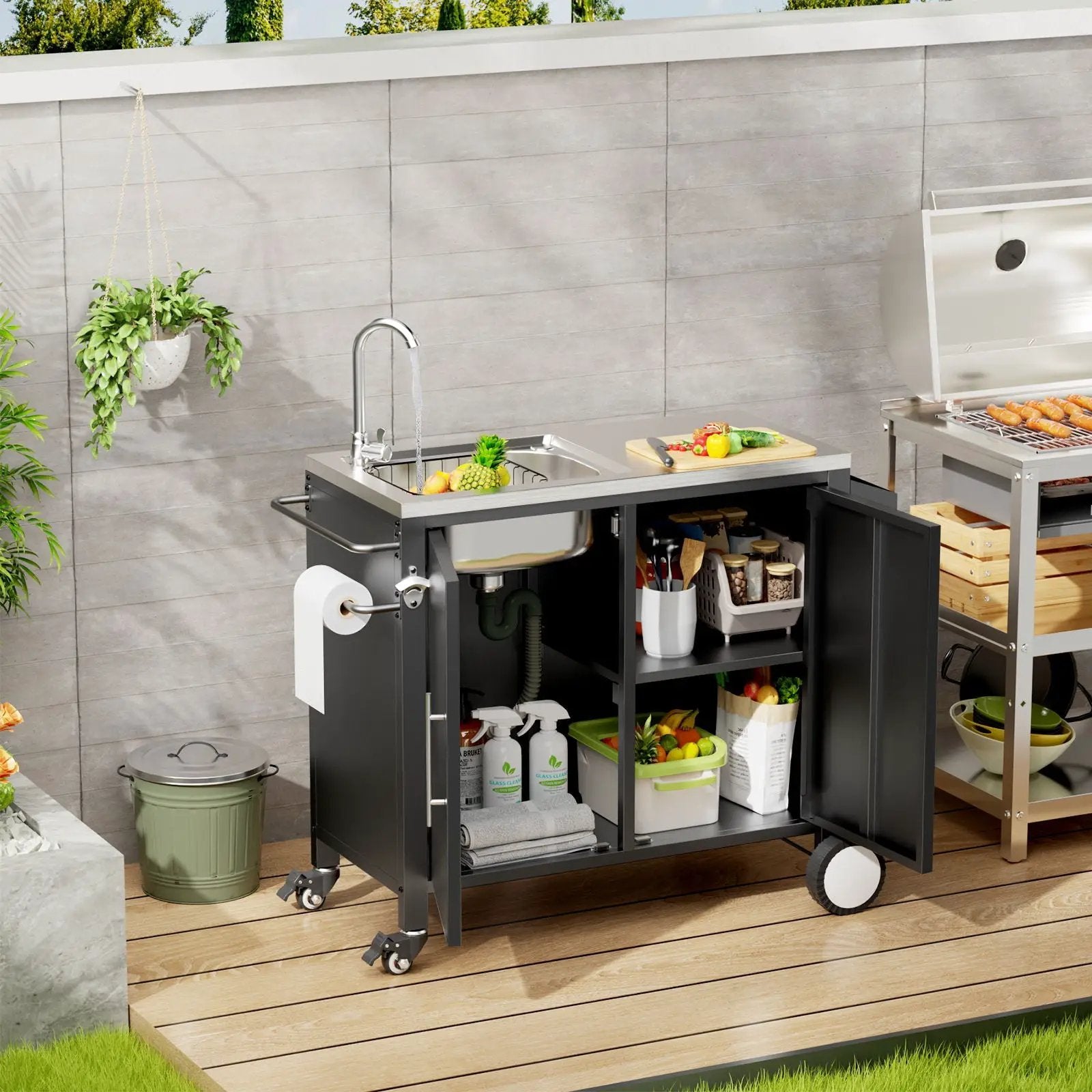 Outdoor Grill Table With Sink, Grill Cart With Sink And Cabinet With Wheels - Black / Silver by HouseOfZazla