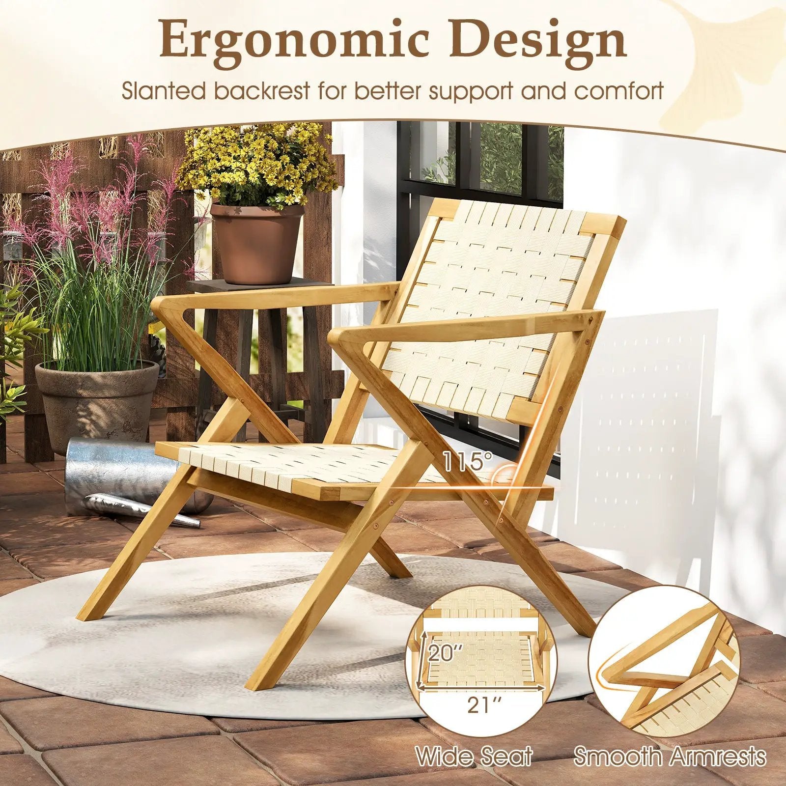 Outdoor and Indoor Teak Wood Patio Chair wuth Webbing Seat and Backrest-Natural by DirectDeals