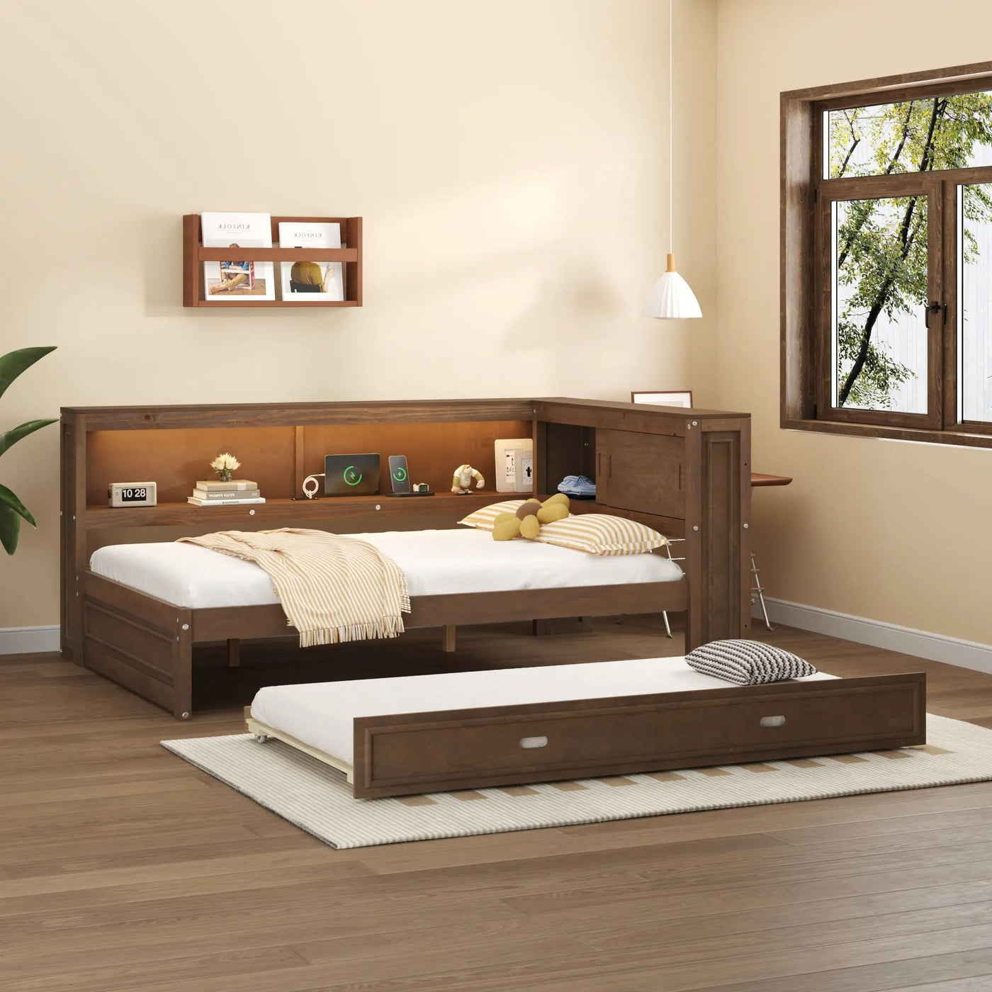 Daybed With Storage Shelves, LED, USB, And Trundle by HouseOfZazla