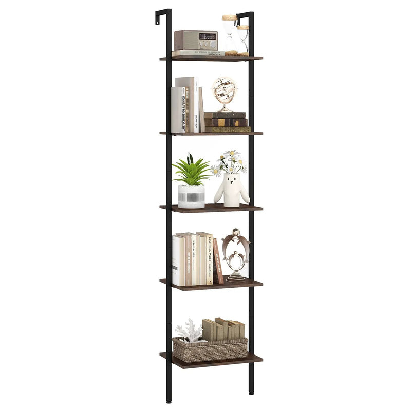 5 Tier Wall Mount Ladder Shelf with Anti-Tipping Kits for Home Office-Rustic Brown by DirectDeals