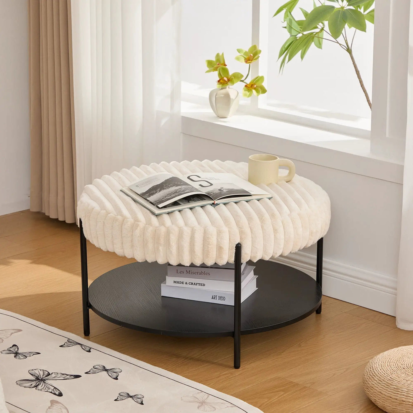 Modern Upholstered Round Ottoman Coffee Table With Storage Shelf by HouseOfZazla