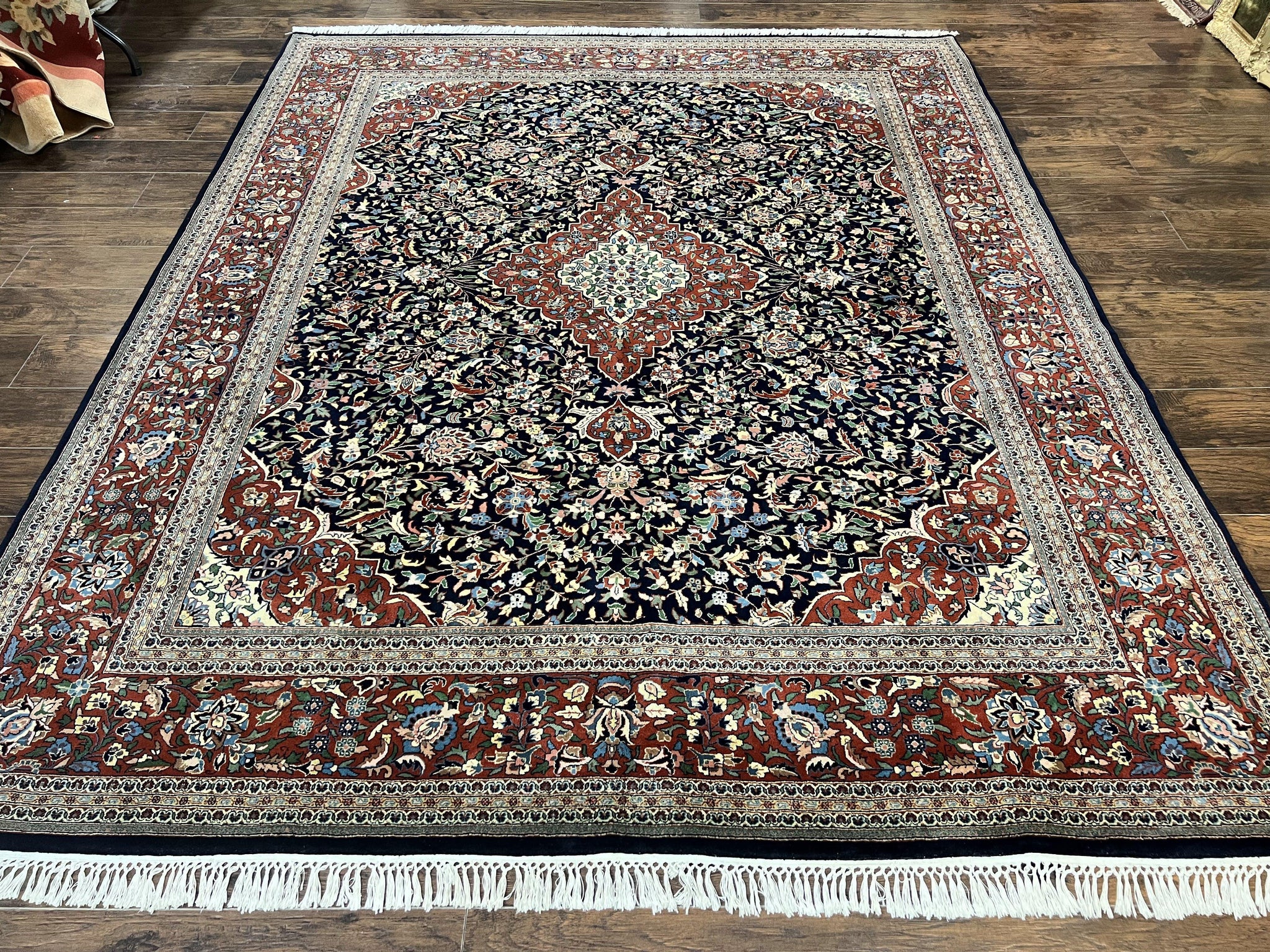 Indo Persian Rug 8x10, Floral Medallion, Vintage Handmade Wool Carpet, Navy Blue and Red, Fine 300 KPSI by Jewel Rugs