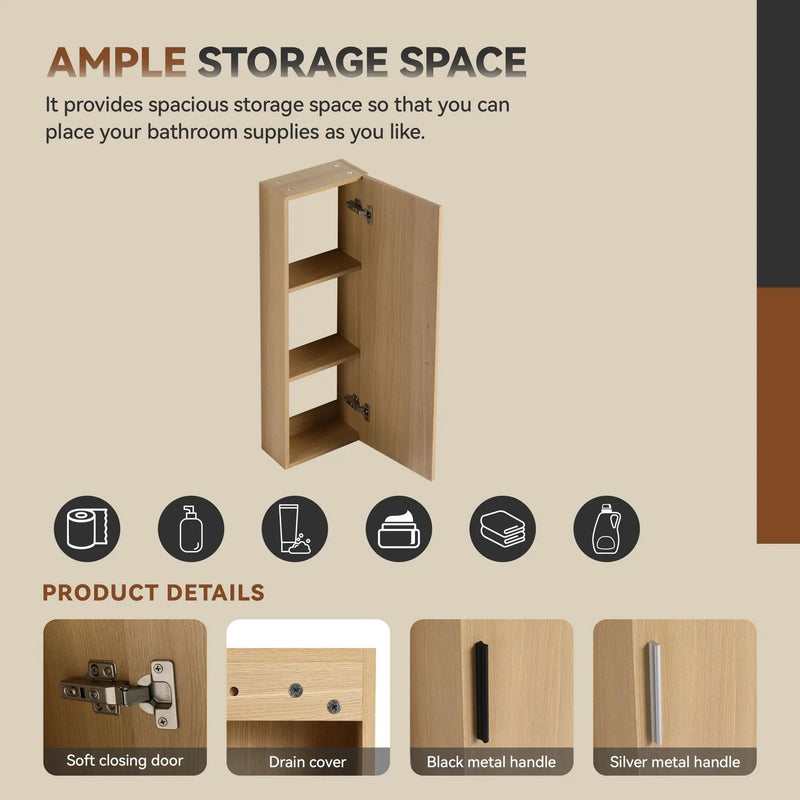 Tall Floating Bathroom Side Cabinet, Wall Mounted Single Door Storage - Light Oak by HouseOfZazla